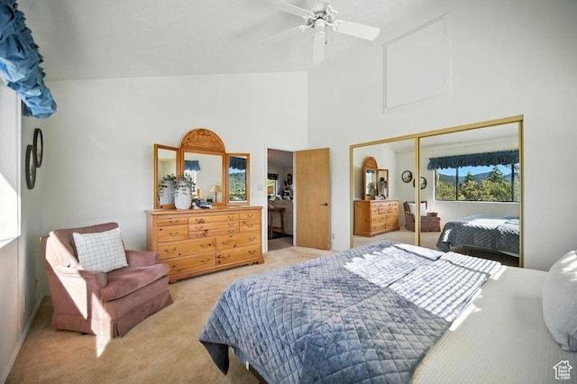 214 S Terry Pkwy, Pine Valley, UT 84781 - carpeted bedroom featuring a ceiling fan, a high ceiling, and a closet