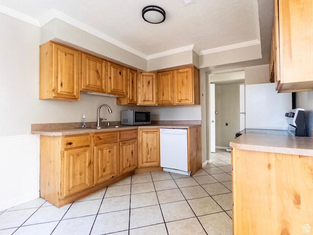 1790 W Homestead Farm Ln Unit 4, West Valley City, UT 84119 - kitchen with white dishwasher, stainless steel microwave, ornamental molding, light tile patterned floors, and light countertops
