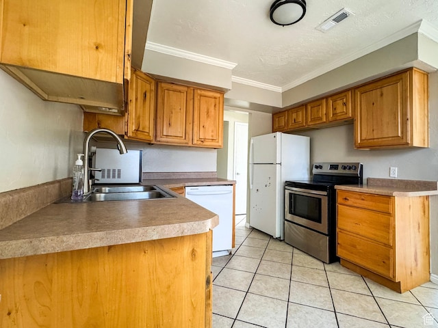 1790 W Homestead Farm Ln Unit 4, West Valley City, UT 84119 - kitchen featuring white appliances, crown molding, light tile patterned flooring, and brown cabinets