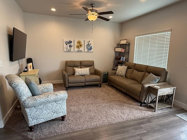 7579 N Cottage Ln, Eagle Mountain, UT 84005 - living area with ceiling fan, recessed lighting, and wood finished floors