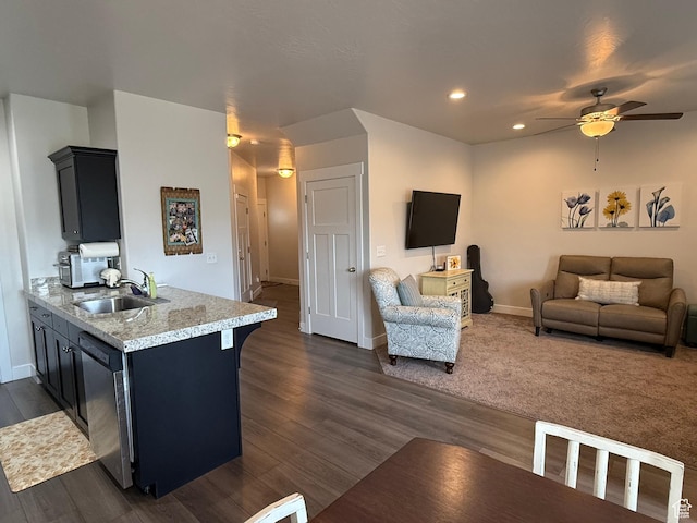 7579 N Cottage Ln, Eagle Mountain, UT 84005 - living room featuring a ceiling fan, dark wood-type flooring, and recessed lighting