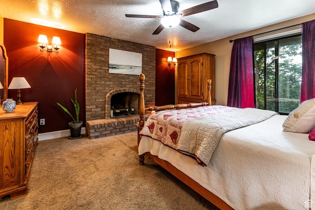 453 Sheridan Cir, Centerville, UT 84014 - bedroom with carpet floors, a textured ceiling, a brick fireplace, and ceiling fan
