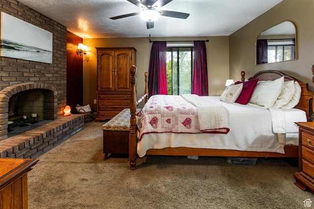 453 Sheridan Cir, Centerville, UT 84014 - carpeted bedroom featuring a fireplace, ceiling fan, and a textured ceiling