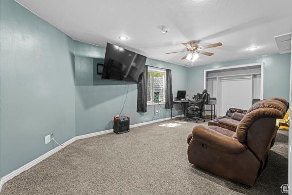 13032 S 1300 W, Riverton, UT 84065 - carpeted living room featuring an office area, a ceiling fan, and recessed lighting