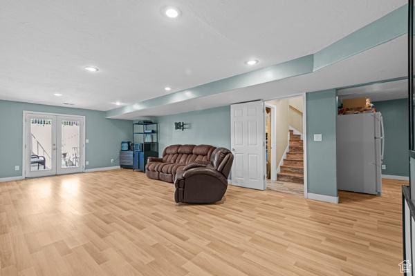13032 S 1300 W, Riverton, UT 84065 - living area featuring recessed lighting, light wood-style flooring, stairway, and french doors