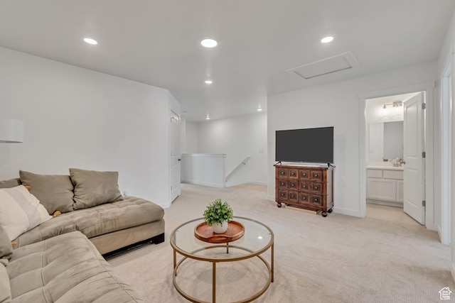 169 E Volunteer Dr, Spanish Fork, UT 84660 - living area featuring attic access, light colored carpet, and recessed lighting