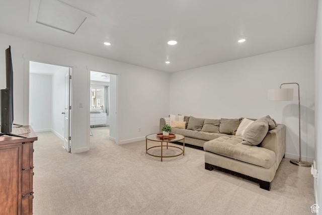 169 E Volunteer Dr, Spanish Fork, UT 84660 - living area with light colored carpet, attic access, and recessed lighting