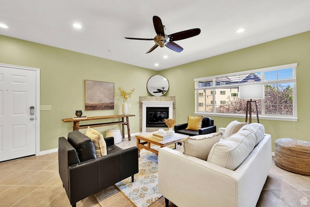 4988 S Timber Way E Unit 206, Millcreek, UT 84117 - living area with a ceiling fan, recessed lighting, light tile patterned floors, and a glass covered fireplace