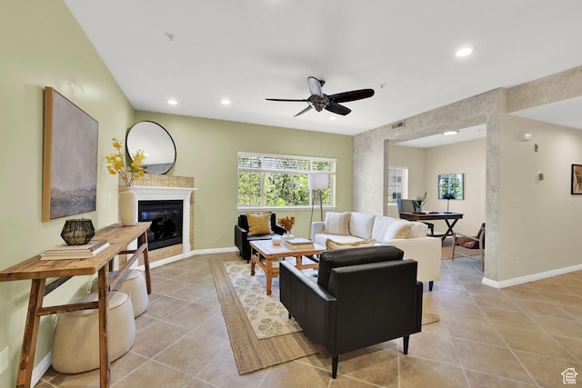 4988 S Timber Way E Unit 206, Millcreek, UT 84117 - living area featuring light tile patterned floors, recessed lighting, a glass covered fireplace, and a ceiling fan