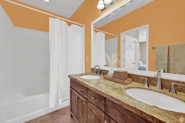 4988 S Timber Way E Unit 206, Millcreek, UT 84117 - bathroom featuring double vanity, shower / tub combo, tile patterned floors, and ensuite bath