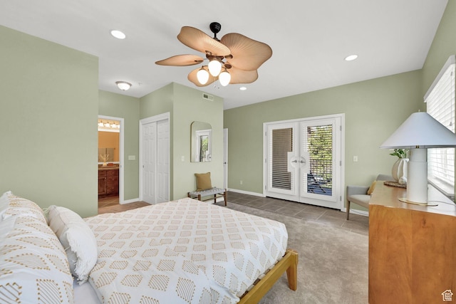 4988 S Timber Way E Unit 206, Millcreek, UT 84117 - tiled bedroom featuring access to exterior, connected bathroom, a ceiling fan, recessed lighting, and french doors