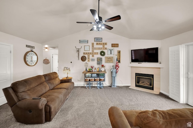 224 Rawlins Ln, Draper, UT 84020 - carpeted living room with ceiling fan, lofted ceiling, and a tile fireplace