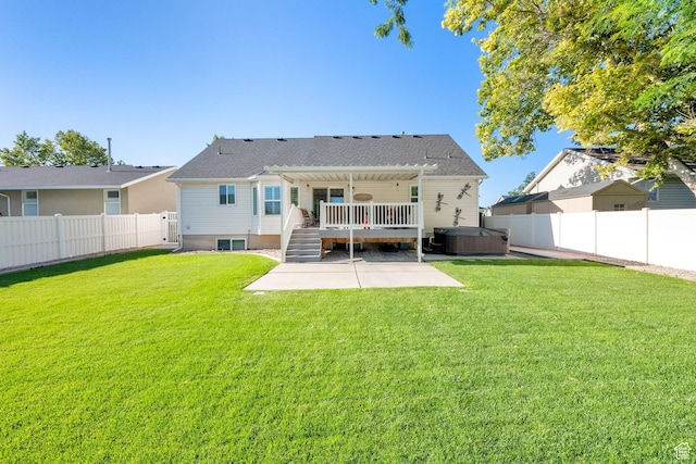 224 Rawlins Ln, Draper, UT 84020 - rear view of house featuring a hot tub, a patio area, a fenced backyard, and a wooden deck