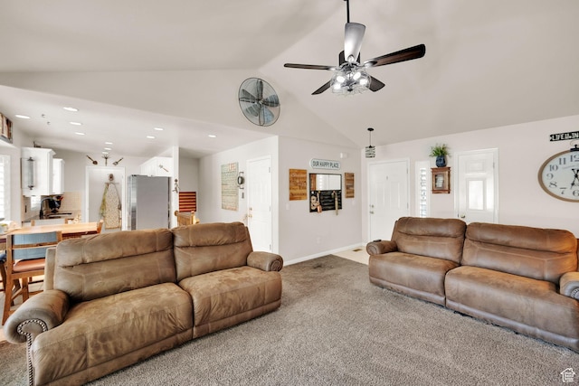 224 Rawlins Ln, Draper, UT 84020 - carpeted living area with lofted ceiling, ceiling fan, and recessed lighting
