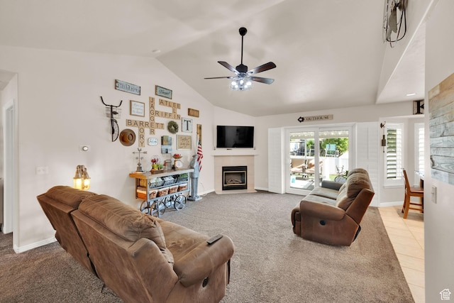224 Rawlins Ln, Draper, UT 84020 - living area with vaulted ceiling, a fireplace, a ceiling fan, and light carpet
