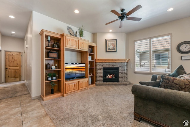 1524 W Foliage Ln, South Jordan, UT 84095 - living room featuring ceiling fan, light carpet, recessed lighting, light tile patterned floors, and a brick fireplace