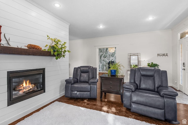 9566 N 4500 W, Cedar Hills, UT 84062 - living area with wood finished floors, recessed lighting, a glass covered fireplace, and crown molding
