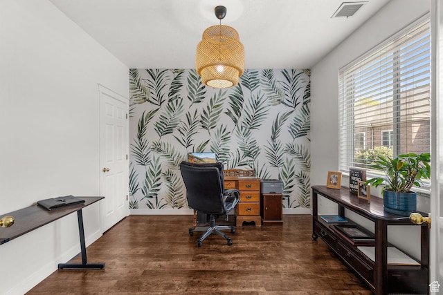 9566 N 4500 W, Cedar Hills, UT 84062 - home office featuring wallpapered walls, an accent wall, and wood finished floors