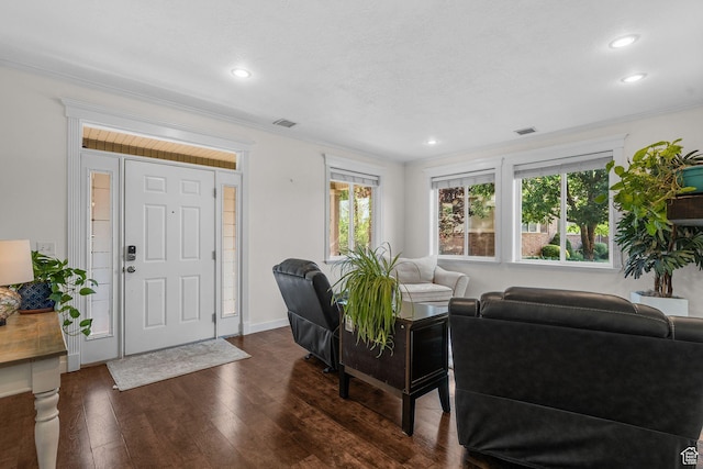 9566 N 4500 W, Cedar Hills, UT 84062 - living area featuring dark wood-style floors, healthy amount of natural light, recessed lighting, and crown molding