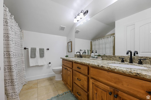 1692 N Sage Ln, Saratoga Springs, UT 84045 - bathroom featuring double vanity, lofted ceiling, tile patterned flooring, and a shower with curtain