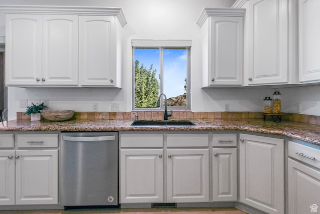 1692 N Sage Ln, Saratoga Springs, UT 84045 - kitchen featuring stainless steel dishwasher, white cabinetry, and stone countertops
