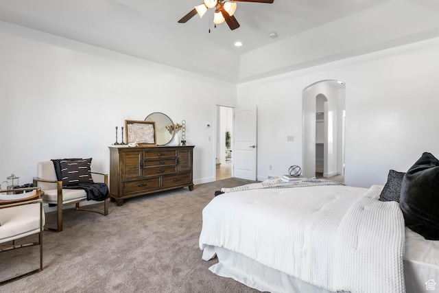 1692 N Sage Ln, Saratoga Springs, UT 84045 - bedroom featuring arched walkways, carpet flooring, and a ceiling fan