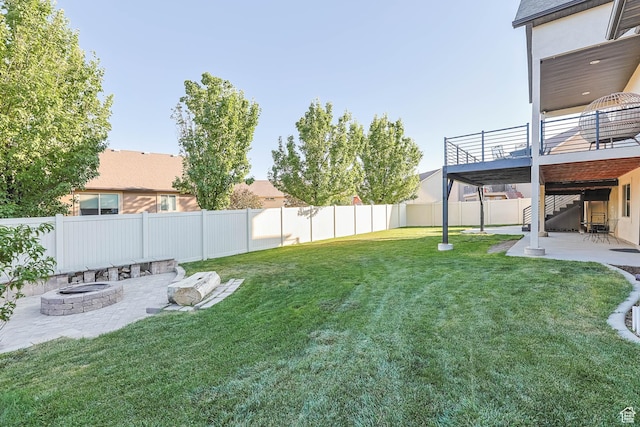 1692 N Sage Ln, Saratoga Springs, UT 84045 - fenced backyard with an outdoor fire pit, a patio area, stairs, and a deck