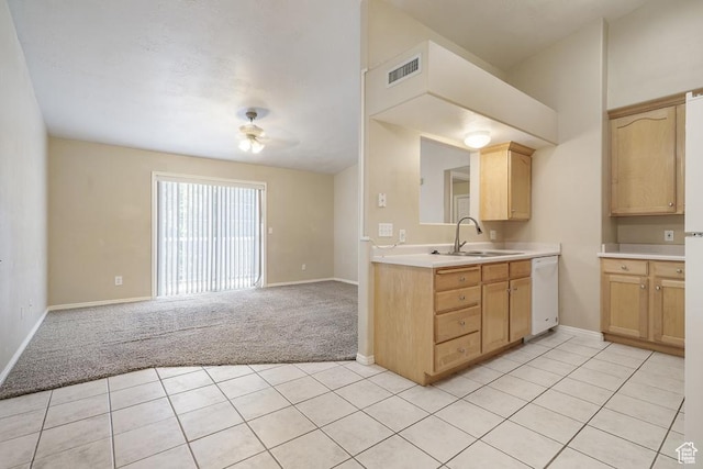 1330 W 1480 N, Orem, UT 84057 - kitchen featuring light brown cabinets, dishwasher, light countertops, light colored carpet, and open floor plan