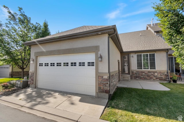5549 W Parkway W Dr, Highland, UT 84003 - ranch-style house with stone siding, an attached garage, and stucco siding