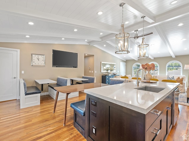 2677 N 700 E, Provo, UT 84604 - kitchen featuring open floor plan, light wood-type flooring, an island with sink, recessed lighting, and a chandelier