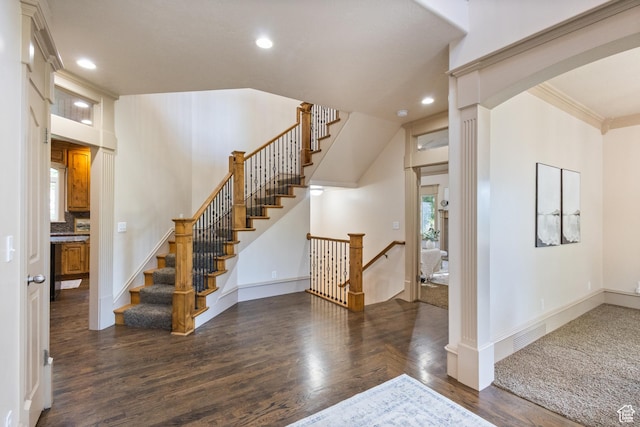 6373 W 10500 N, Highland, UT 84003 - foyer with wood finished floors, recessed lighting, arched walkways, ornamental molding, and stairs