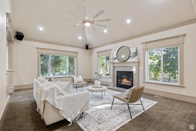6373 W 10500 N, Highland, UT 84003 - living area with carpet floors, a high end fireplace, ceiling fan, crown molding, and recessed lighting