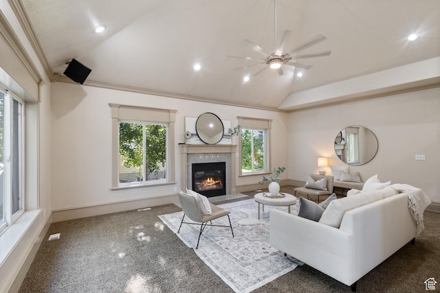 6373 W 10500 N, Highland, UT 84003 - carpeted living area with lofted ceiling, a ceiling fan, a high end fireplace, recessed lighting, and ornamental molding