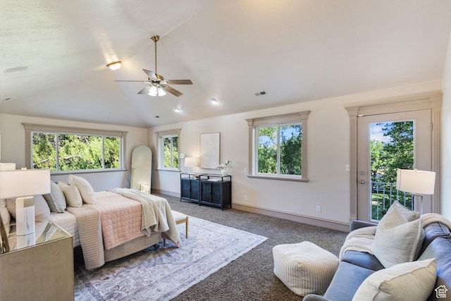 6373 W 10500 N, Highland, UT 84003 - carpeted bedroom featuring lofted ceiling, access to outside, multiple windows, and a ceiling fan