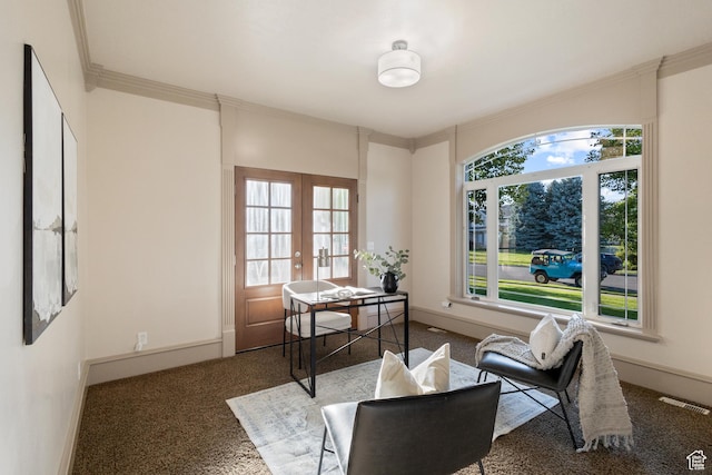 6373 W 10500 N, Highland, UT 84003 - sitting room featuring carpet floors, crown molding, and french doors