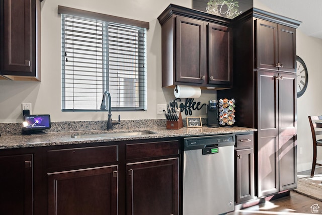 1769 W Valcrest Dr, Saratoga Springs, UT 84045 - kitchen featuring dishwasher, dark brown cabinetry, light stone countertops, and wood finished floors