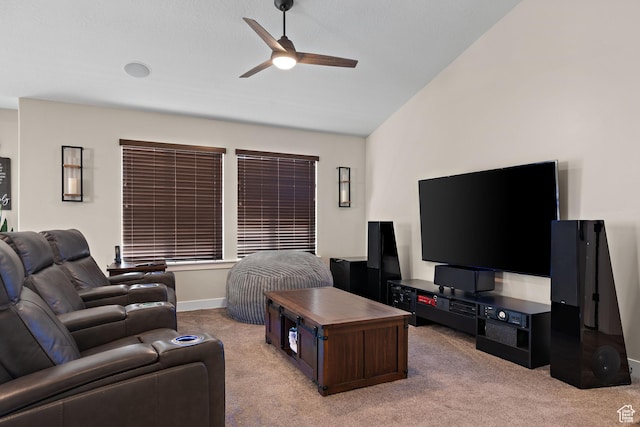 1769 W Valcrest Dr, Saratoga Springs, UT 84045 - living room with light colored carpet, ceiling fan, and lofted ceiling