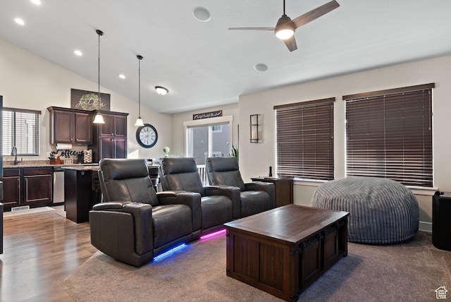1769 W Valcrest Dr, Saratoga Springs, UT 84045 - living room featuring ceiling fan, vaulted ceiling, recessed lighting, and wood finished floors
