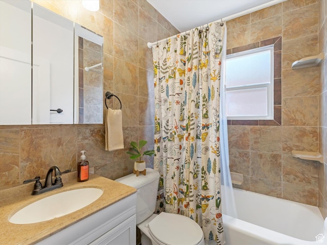 1332 S 200 E, Salt Lake City, UT 84115 - full bathroom with vanity, shower / bath combo, decorative backsplash, and tile walls