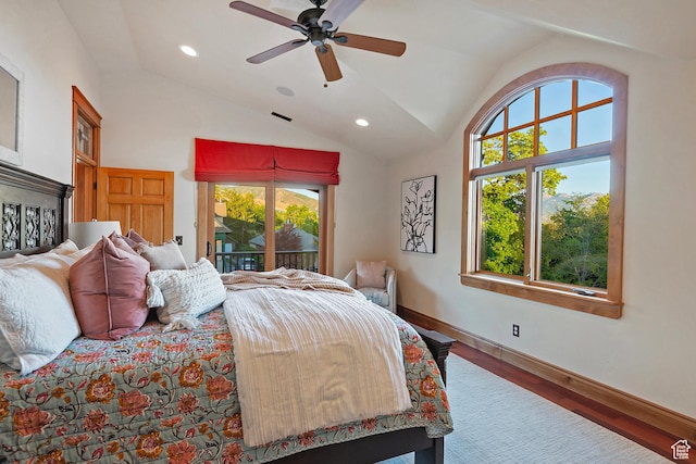 427 N J St E, Salt Lake City, UT 84103 - bedroom featuring vaulted ceiling, wood finished floors, multiple windows, recessed lighting, and access to exterior