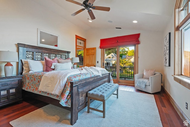 427 N J St E, Salt Lake City, UT 84103 - bedroom with access to outside, vaulted ceiling, wood finished floors, recessed lighting, and a ceiling fan