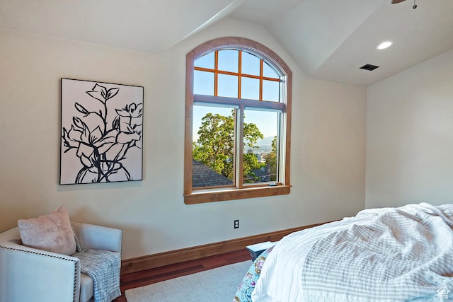 427 N J St E, Salt Lake City, UT 84103 - bedroom featuring wood finished floors, lofted ceiling, and recessed lighting