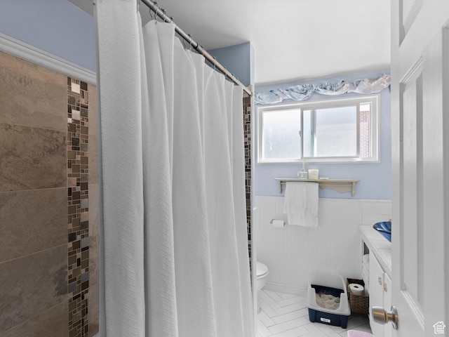 3018 E 4430 S, Salt Lake City, UT 84124 - full bath featuring a wainscoted wall, vanity, and a shower with curtain