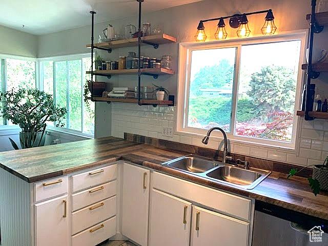 3018 E 4430 S, Salt Lake City, UT 84124 - kitchen with stainless steel dishwasher, open shelves, plenty of natural light, and white cabinets