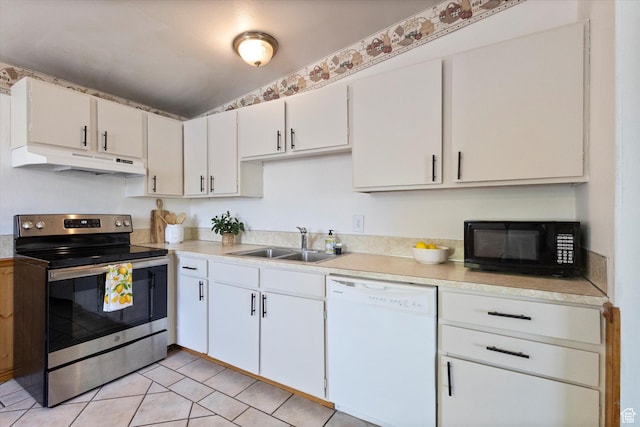 6709 W 3860 S, West Valley City, UT 84128 - kitchen featuring stainless steel electric range, white dishwasher, under cabinet range hood, black microwave, and light countertops