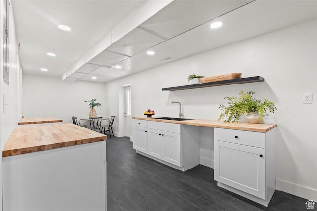 787 S 1680 E, Pleasant Grove, UT 84062 - kitchen with wooden counters, open shelves, white cabinetry, dark wood-style flooring, and recessed lighting