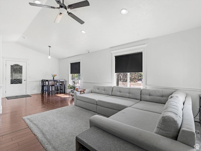 4049 E Dillons Dr N, Eagle Mountain, UT 84005 - living area with lofted ceiling, a ceiling fan, wood finished floors, and recessed lighting