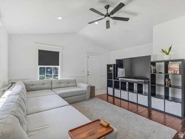 4049 E Dillons Dr N, Eagle Mountain, UT 84005 - living area featuring vaulted ceiling, ceiling fan, and wood finished floors