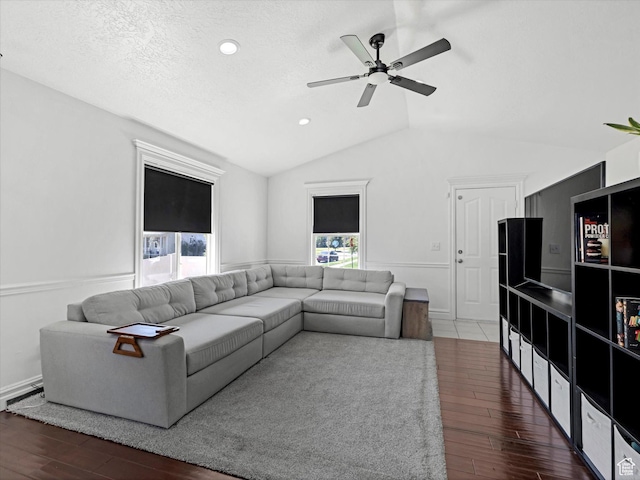 4049 E Dillons Dr N, Eagle Mountain, UT 84005 - living area featuring wood finished floors, a ceiling fan, vaulted ceiling, and recessed lighting