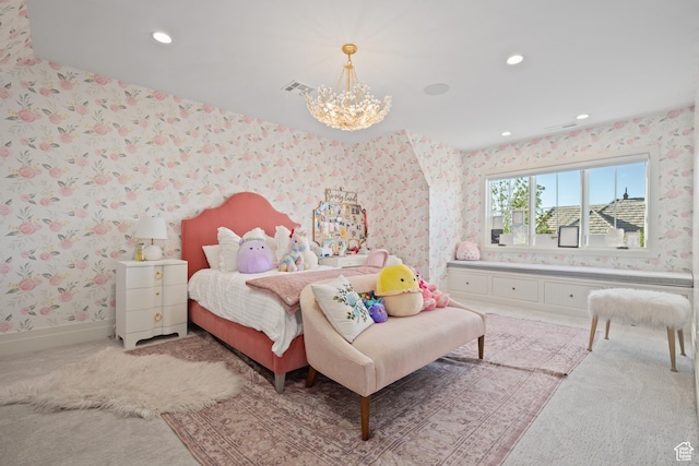 2916 S 300 E, Washington, UT 84780 - bedroom with wallpapered walls, a chandelier, light carpet, and recessed lighting